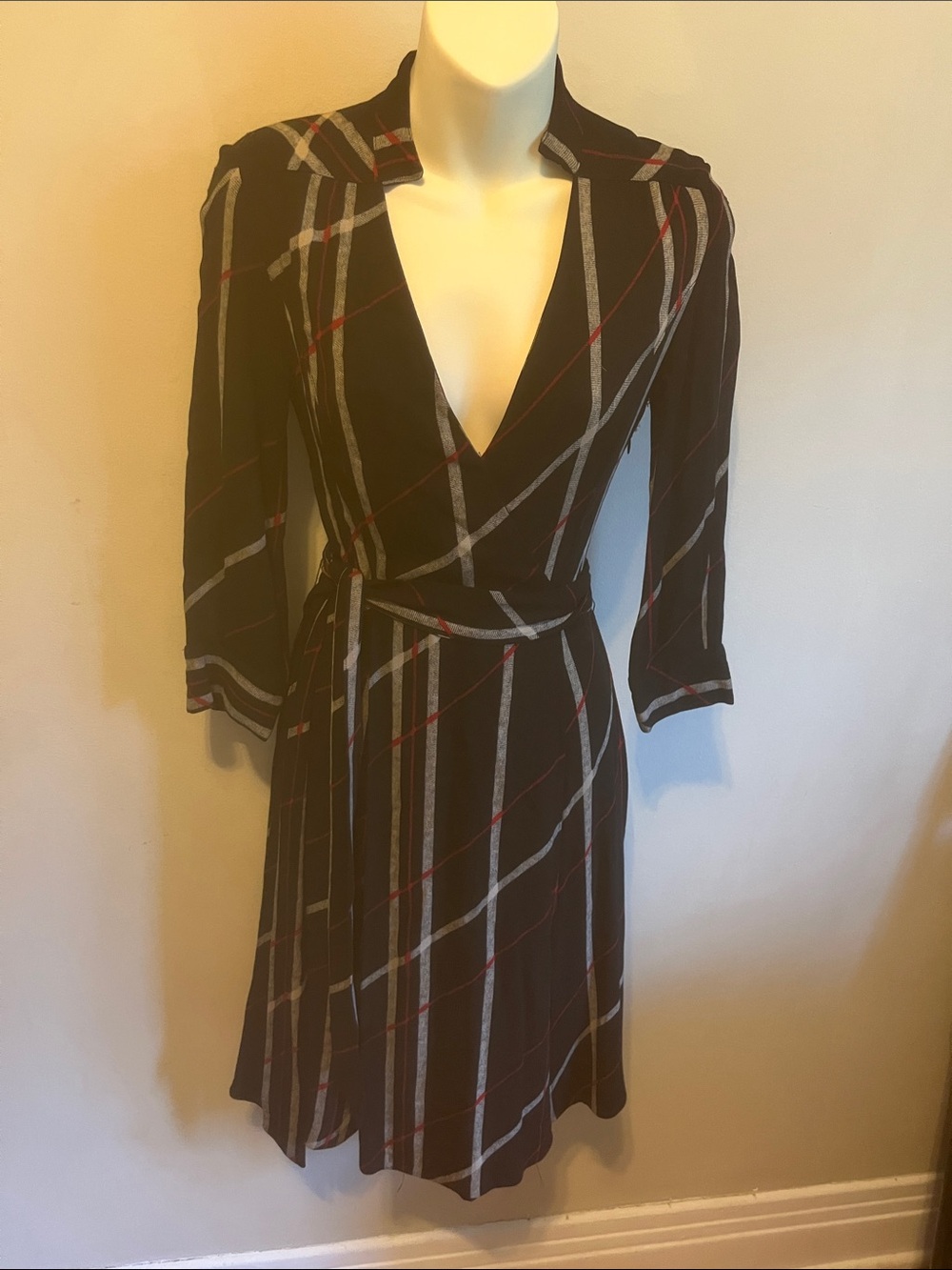 Vintage Mango Black Plaid Faux Wrap Dress with Tie Belt